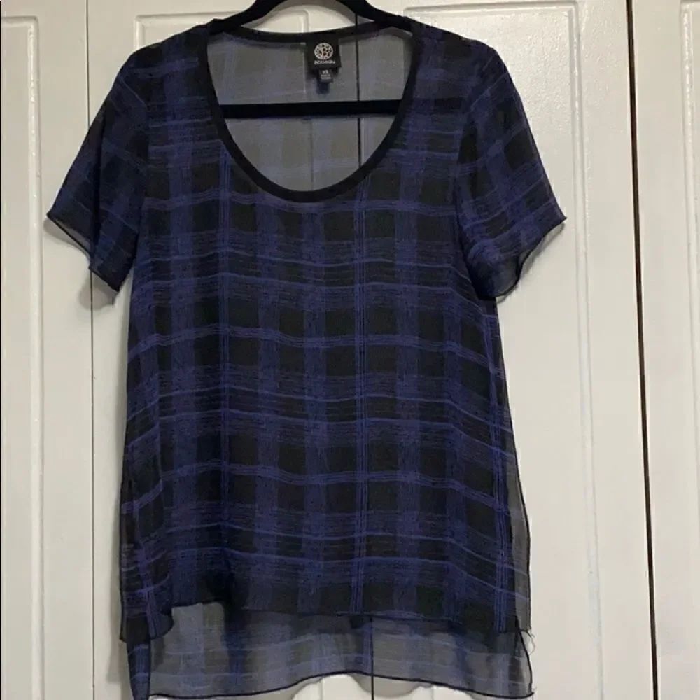 Bobeau sheer Tunic black/ purple plaid XS